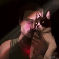 Retrato digital de Daniel (DanDarkness) segurando um gato, iluminado por um brilho rosado sobre fundo escuro