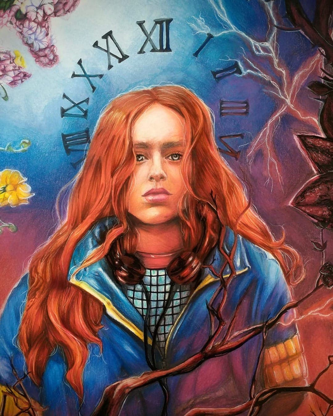 Desenho em lápis de cor e marcador de Max (Stranger Things)