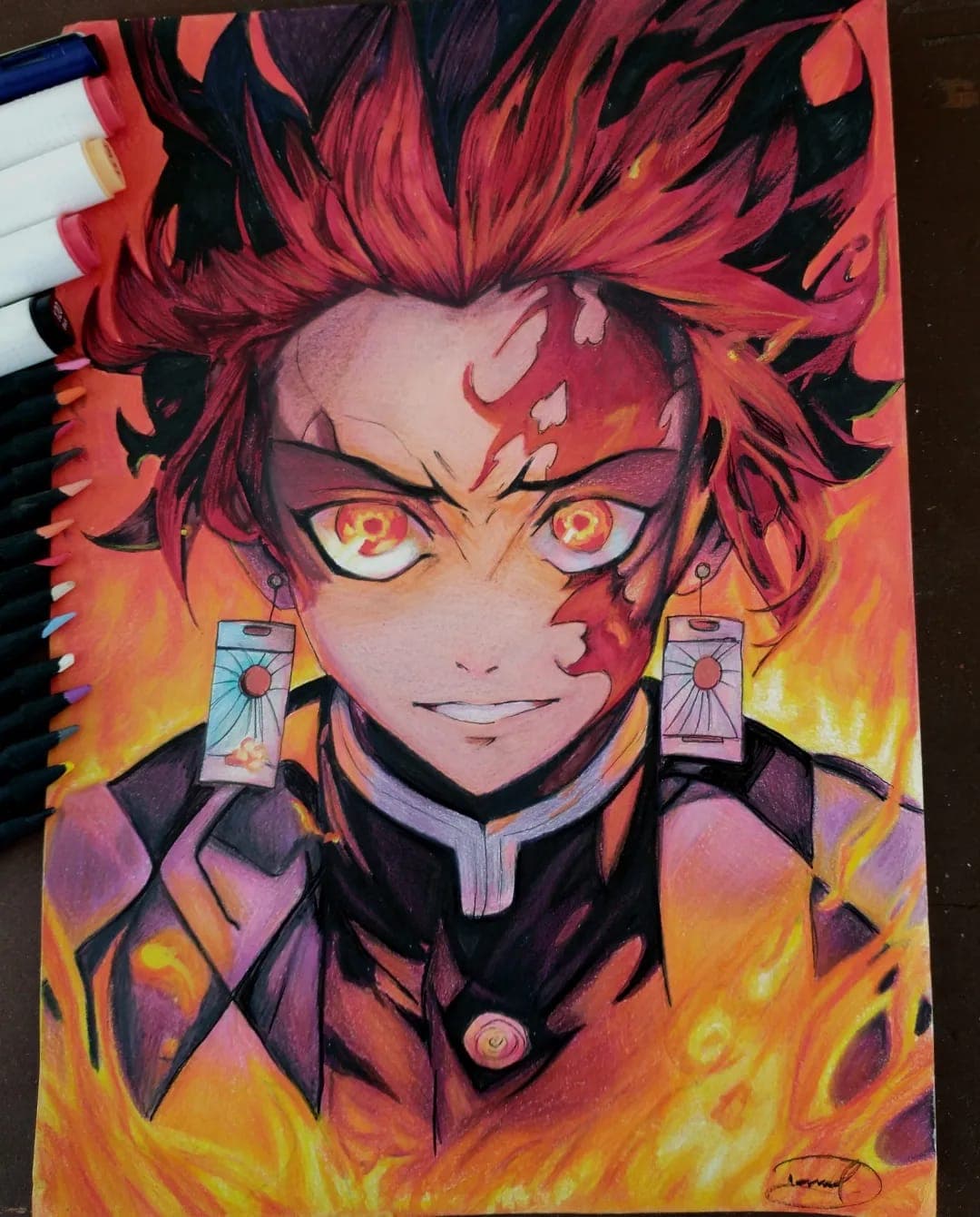 Desenho em lápis de cor e marcador de Tanjiro (Demon Slayer)
